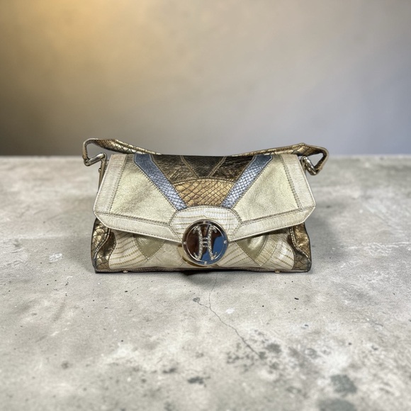 Cole Haan Handbags - Cole Haan Paige Exotic Metallic Snake Skin Patchwork Shoulder Bag Gold Bronze